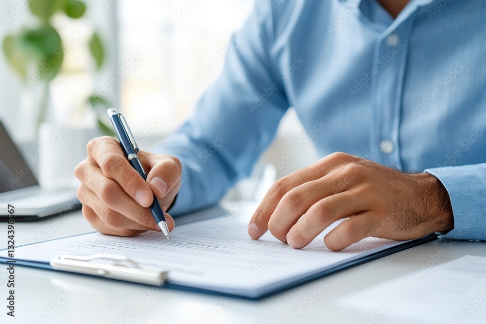 A person writing notes with a pen on a notepad in a bright office setting. A person writing notes with a pen on a notepad in a bright office setting.