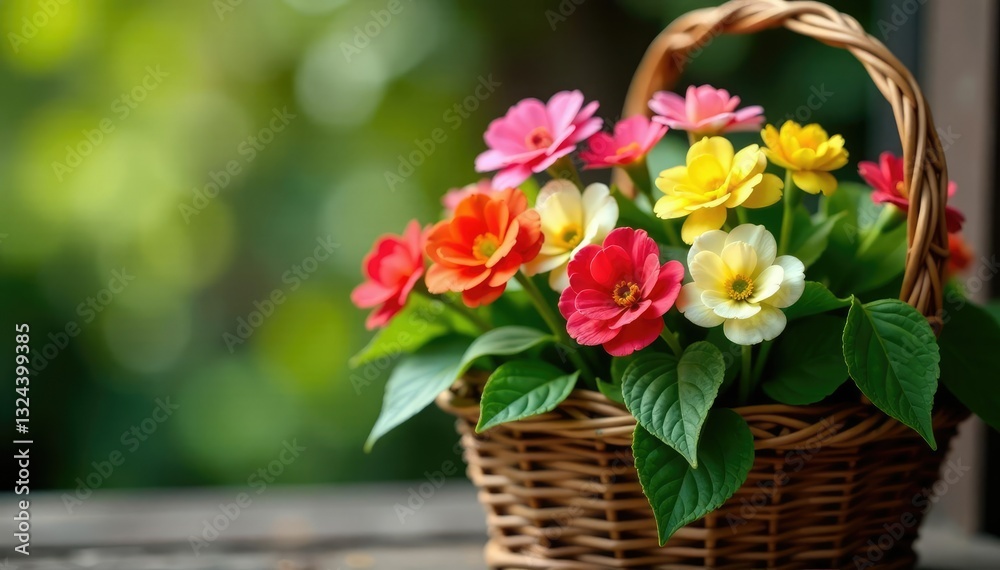 Obraz premium Colorful pea flowers blooming in a woven basket, Botanical, Foliage