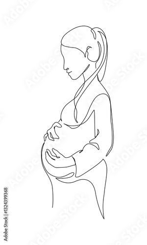 Pregnant woman silhouette isolated on white background. Pregnancy concept in one line art style. Abstract pregnant woman, maternal care, baby, mother, gynecology, health concept. Vector illustration
