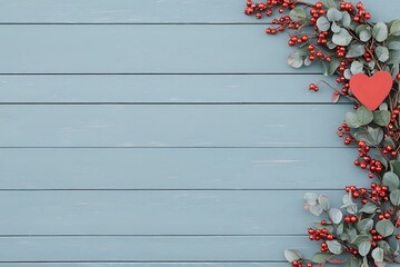 Red winter berries and eucalyptus leaves with heart decoration frame on rustic blue wooden background. Festive holiday border layout with copy space.