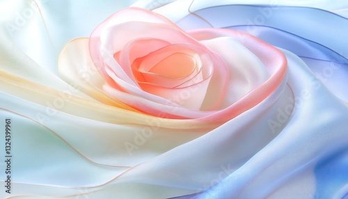 A delicate, pastel-colored silk rose over a soft, flowing fabric background, creating an elegant and serene visual aesthetic.