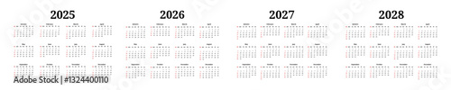 Set of calendars for 2025, 2026, 2027 and 2028 on a white background