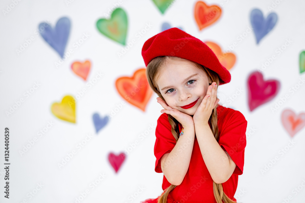 portrait of a little girl in a red beret and clothes on a background of colorful hearts, a smiling child, the concept of valentine's day and love portrait of a little girl in a red beret and clothes on a background of colorful hearts, a smiling child, the concept of valentine's day and love