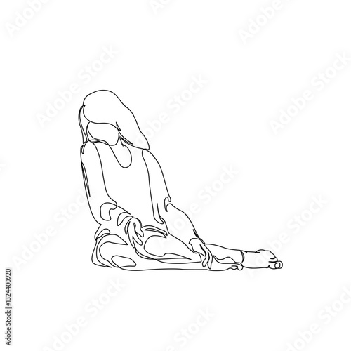 Unhappy woman in corner alone, feeling lonely, sad, Abstract depressed young girl silhouette suffering from anxiety. Mental health problem concept. Minimal one line drawing art. Continuous line vector