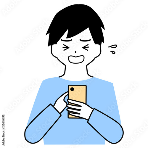 Clip art of boy crying with smartphone.