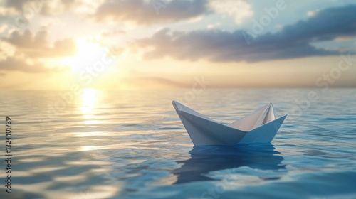 Origami paper boat floating on calm ocean under soft sunlight photo