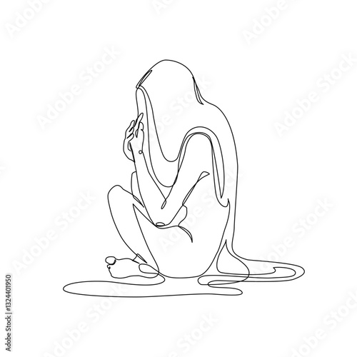 Unhappy woman feeling lonely, sad, Abstract depressed young girl silhouette suffering from anxiety. Mental health problem concept. Minimal one line drawing art. Continuous line vector illustration