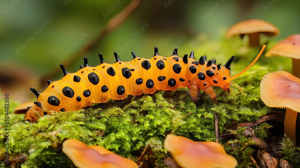 An orange caterpillar, carrying pink nodules, is creeping on a log covered in moss, near small mushrooms An orange caterpillar, carrying pink nodules, is creeping on a log covered in moss, near small mushrooms