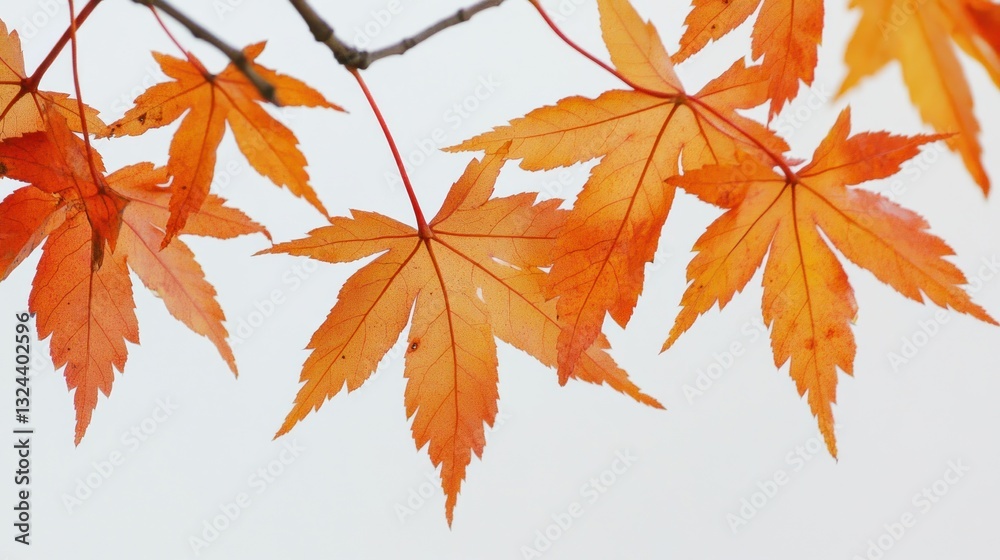 Bright orange autumn maple leaves on branches against a white background Bright orange autumn maple leaves on branches against a white background