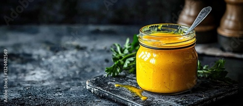 Showcasing the essence of homemade flavors with honey mustard dressing in a jar. photo