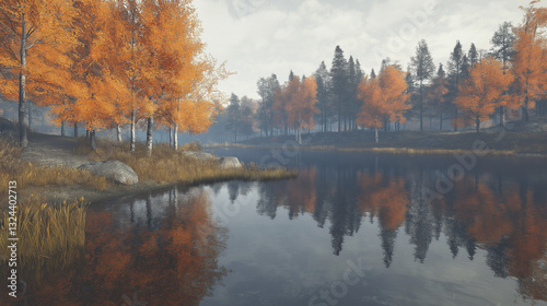 AI generator image of colorful trees stands on the shore, surrounded by rocks and pebbles that reflect in the clear water under a blue sky. the lake is located near harbin city,it has beautiful scener