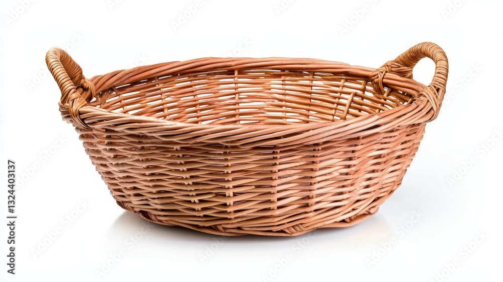 This isolated wicker basket showcases its natural material and craftsmanship. This isolated wicker basket showcases its natural material and craftsmanship.