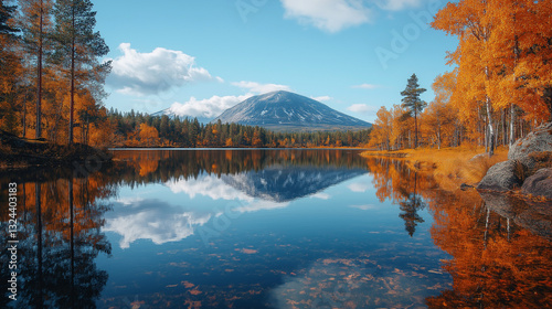 AI generator image of colorful trees stands on the shore, surrounded by rocks and pebbles that reflect in the clear water under a blue sky. the lake is located near harbin city,it has beautiful scener