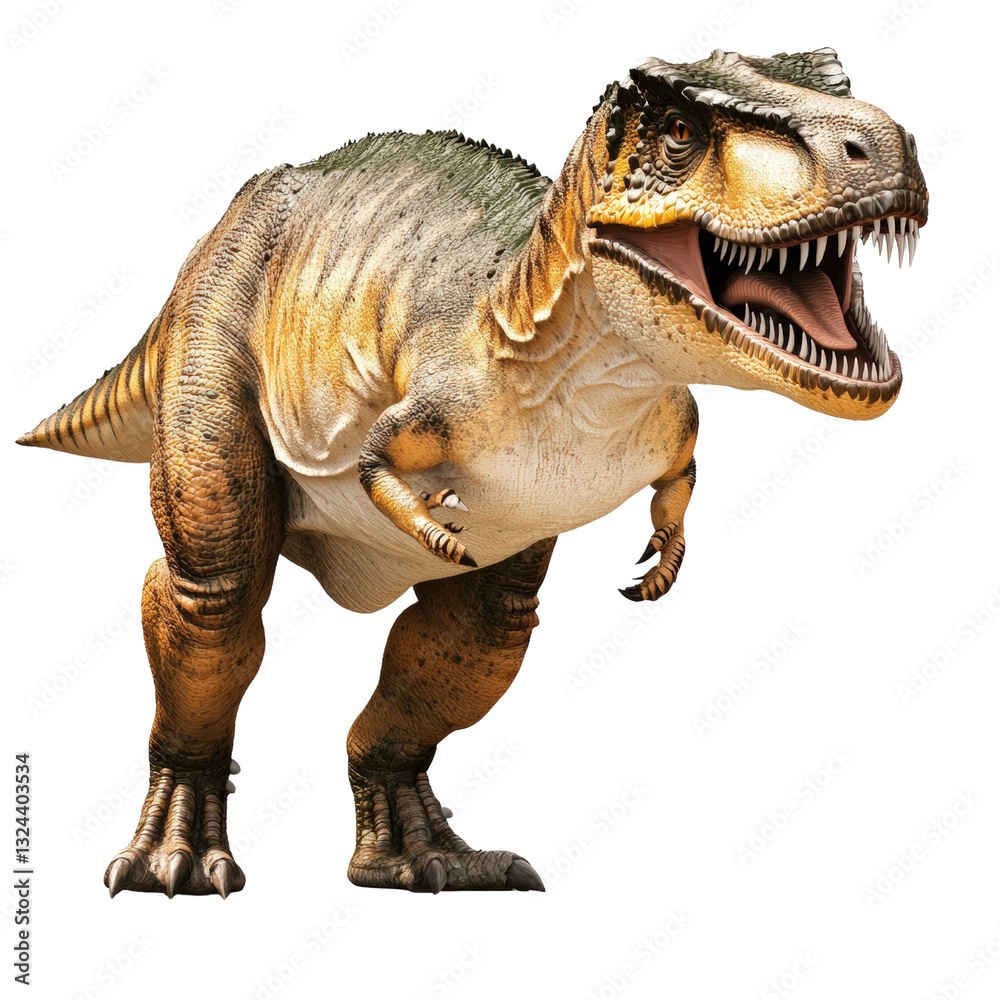Fototapeta premium Majestic dinosaur with open mouth roaring fiercely in a lush green prehistoric landscape surrounded by ancient flora isolated on a white background.