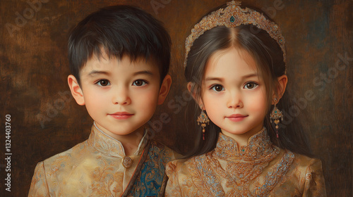 Ai generated image of realistic oil painting, boy and  girl wearing silk clothes, wearing a shawl that opens one shoulder, the background is the hall of the Thai palace, Thai style.