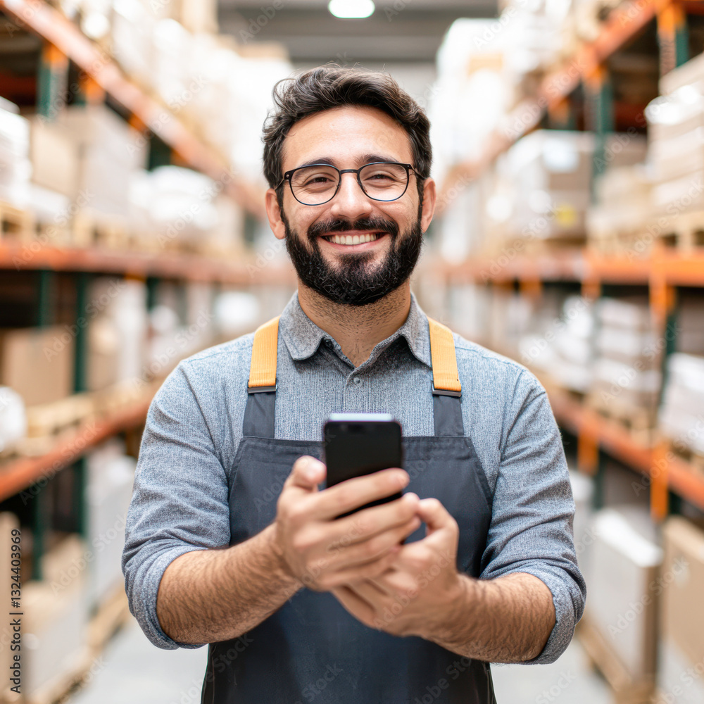 Smiling man in a warehouse holding a smartphone. Smiling man in a warehouse holding a smartphone.