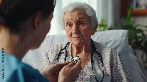 Physician listening senior woman back lungs through stethoscope. Hospitalized elderly woman sitting on bed while doctor checking her breathe and heartbeat. Doctor auscultate heart of old patient.