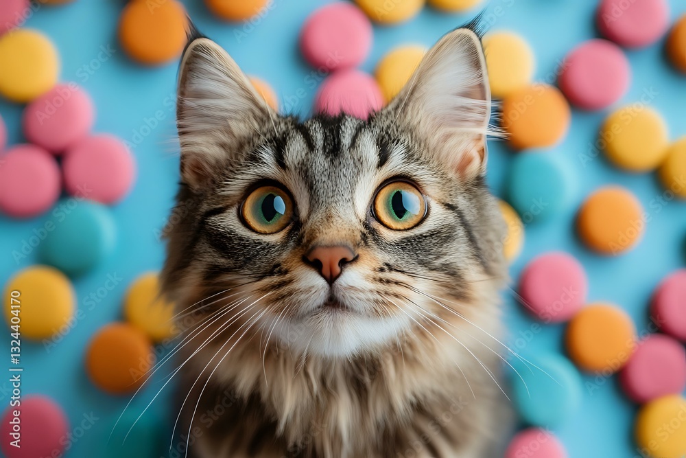 Curious tabby cat with bright blue eyes against colorful pastel background of pink, yellow and blue dots, looking up with attentive expression and fluffy fur.
