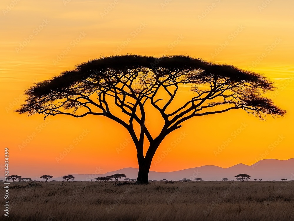 Obraz premium Majestic acacia tree silhouetted against vibrant sunset serengeti national park nature photography tranquil landscape