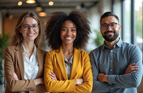 Three diverse business people stand together in office. Multiethnic group of pro coworkers smile. Successful team demonstrates collaboration. Modern startup thrives with happy diverse staff, friendly