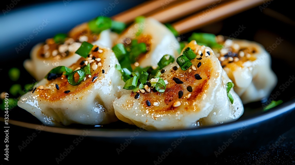 Asian dumplings garnished with sesame seeds, green onions and sauce on black plate, close up view showing texture and filling for food service. Asian dumplings garnished with sesame seeds, green onions and sauce on black plate, close up view showing texture and filling for food service.
