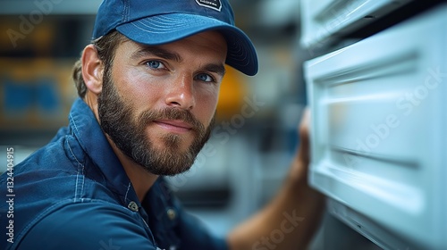 Custom furniture specialist attaches white door to cabinet in customer's house, uniform worker in carpentry industry.