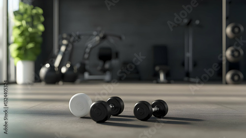 Black and White Dumbbells on a Gym Floor with Exercise Equipment in the Background in a Modern Home Gym Setting