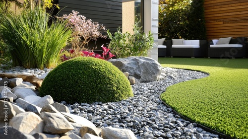 Decorative ground design featuring a blend of artificial grass, gravel, and exposed aggregate finish.