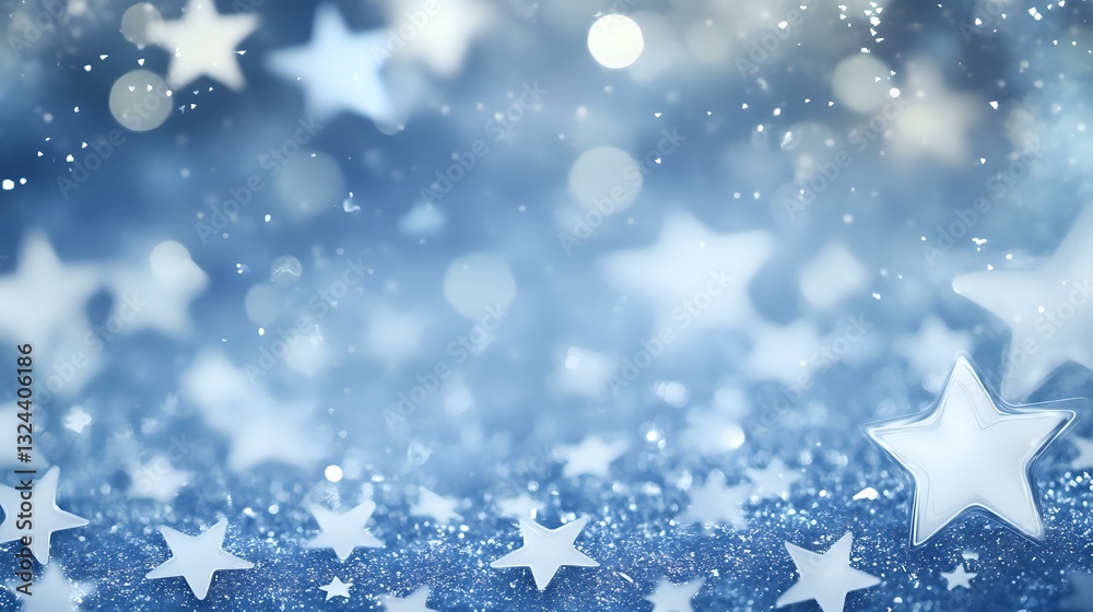 Dreamy winter background with glowing white stars and bokeh lights on sparkling blue surface. Festive holiday season backdrop with magical starry pattern. Dreamy winter background with glowing white stars and bokeh lights on sparkling blue surface. Festive holiday season backdrop with magical starry pattern.