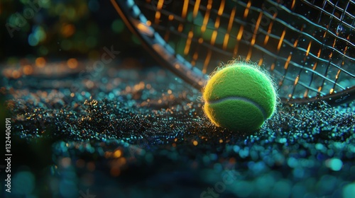 Tennis ball & racket with sparkling background on gritty surface, close up view