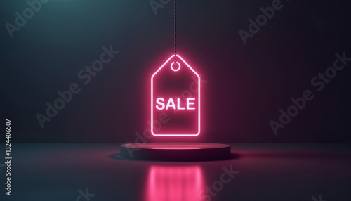 Neon sale tag hanging in dark background for promotional shopping campaign