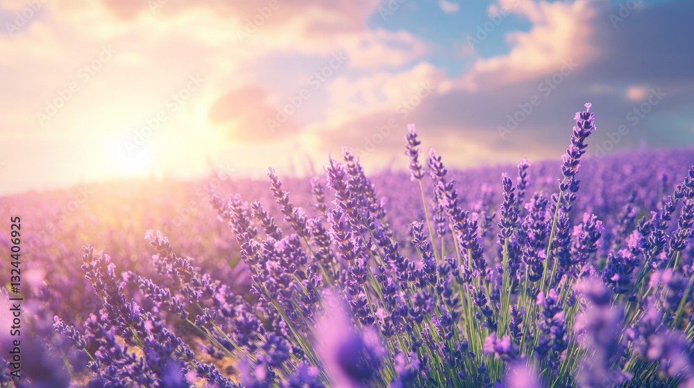 Lavender flowers growing in a field during a beautiful sunset, creating a warm golden light Lavender flowers growing in a field during a beautiful sunset, creating a warm golden light