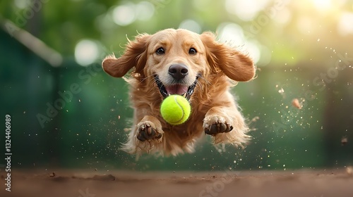 Spirited golden retriever enthusiastically retrieving a tennis ball