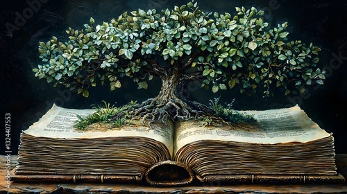 Stately tome serving as the root system for a majestic verdant tree symbolizing the growth of knowledge and its connection to the natural world  Detailed botanical parchment like pages