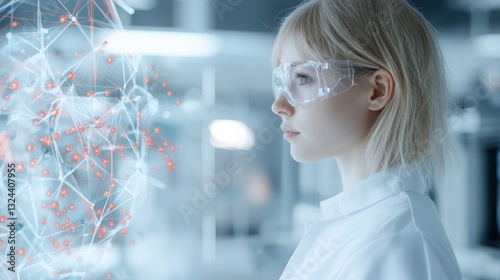 Young Female Scientist Performing Experiment in Modern Laboratory Focusing on 3D Molecular Structure Visualization