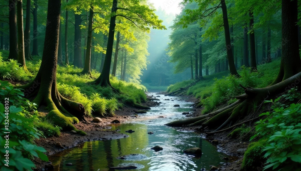 Obraz premium River Cybina valley covered with fallen trees and plants, overgrowth, forest, nature