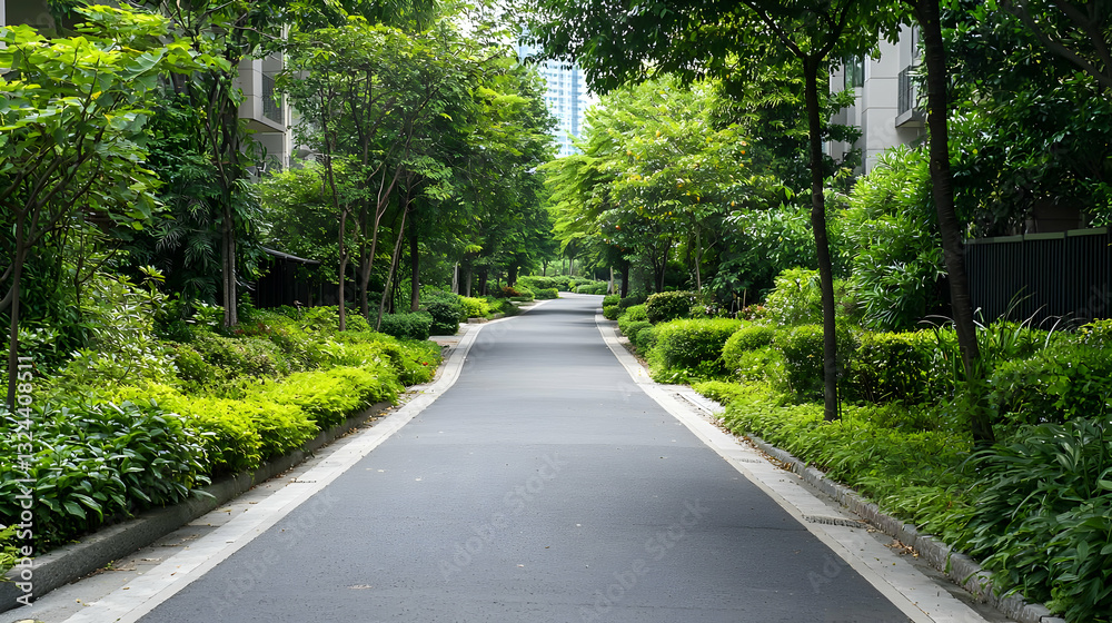 Tree Lined Walkway Leads Through a Green Park with Lush Vegetation on a Bright Sunny Day in a Modern City Tree Lined Walkway Leads Through a Green Park with Lush Vegetation on a Bright Sunny Day in a Modern City