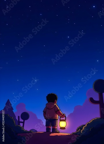 A night sky with sparkling stars and a brave little explorer holding a lantern