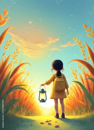 A night sky with sparkling stars and a brave little explorer holding a lantern