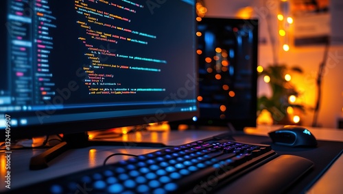 An eye-catching image of a computer screen displaying code, with a keyboard, mouse