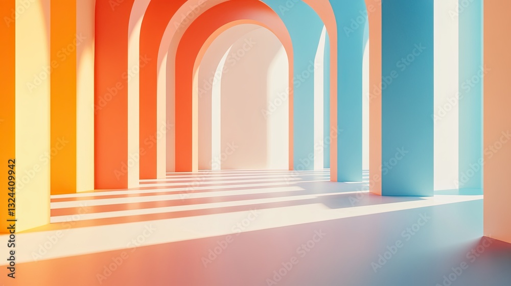 Inside, an arched door frames a hallway of vivid red and blue, enhanced by the glow of sunlight Inside, an arched door frames a hallway of vivid red and blue, enhanced by the glow of sunlight