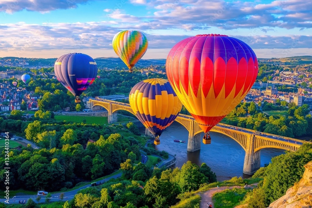 Fototapeta premium A vibrant panorama of the hot air balloon festival highlighting the city's landmarks.