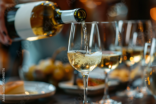 wine tasting event, a sommelier gracefully pours chardonnay, the rich scent of aged wine filling the air, wine lovers cheerfully sharing tales on national wine day