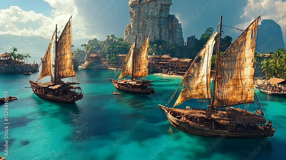 Three traditional sailing ships navigate turquoise waters near a coastal village surrounded by lush greenery and dramatic cliffs
