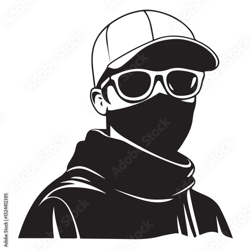 Masked cybercriminal in sunglasses. Deception fuels online fraud spreads through phishing, and weakens security. Through deception scammers exploit vulnerabilities. Deception and cybersecurity concept