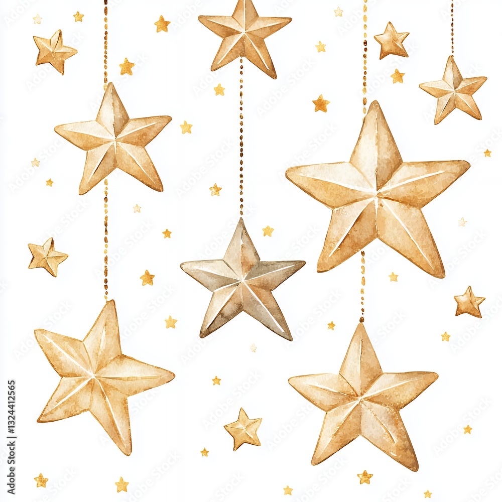 Obraz premium Golden Watercolor Stars Hanging on White Background