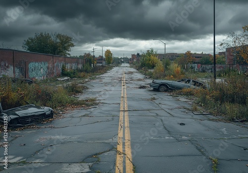 A dilapidated, abandoned road in Detroit with broken-down cars, trees, and overgrown graffiti on the sides, under a cloudy sky.