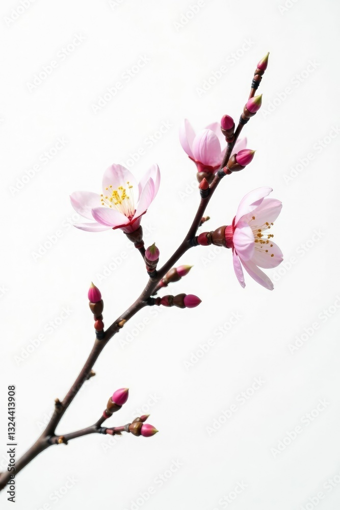 Single branch with buds and flowers against white background, blossom, tree branch, flowers Single branch with buds and flowers against white background, blossom, tree branch, flowers
