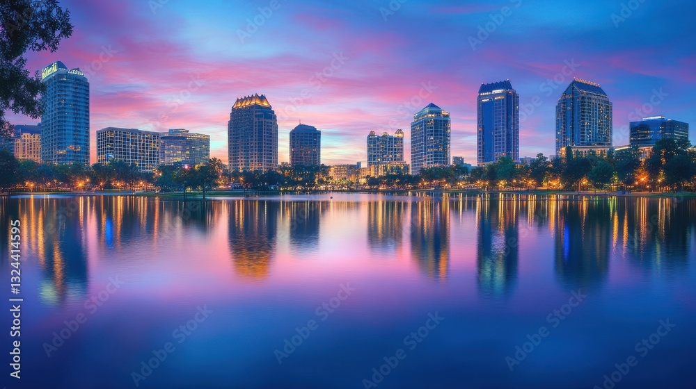 Obraz premium Orlando, Florida, USA skyline at dusk on Eola Lake.