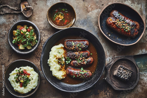 Rustic table setup showcasing homemade venison sausages with sides in a cozy setting